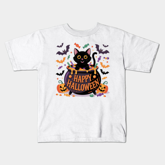 Bright Halloween Black Cat with Candy Cauldron Kids T-Shirt by BirdsnStuff