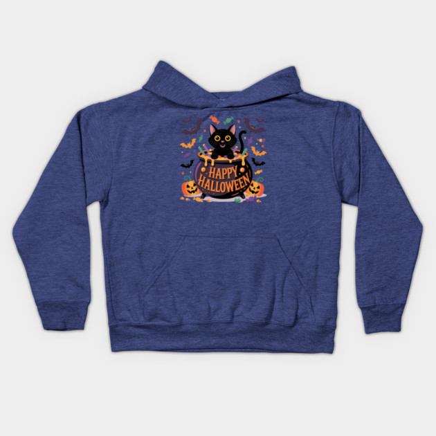 Bright Halloween Black Cat with Candy Cauldron Kids Hoodie by BirdsnStuff