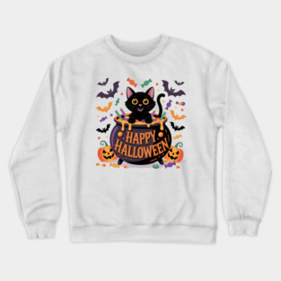 Bright Halloween Black Cat with Candy Cauldron Crewneck Sweatshirt