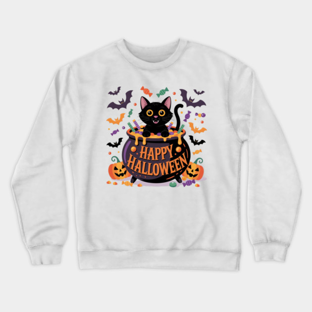 Bright Halloween Black Cat with Candy Cauldron Crewneck Sweatshirt by BirdsnStuff