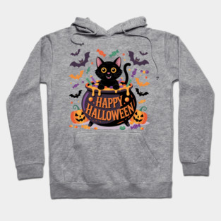 Bright Halloween Black Cat with Candy Cauldron Hoodie