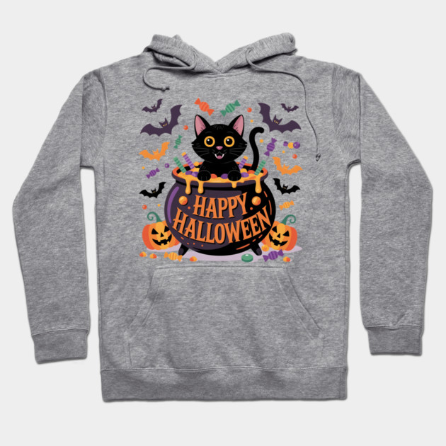 Bright Halloween Black Cat with Candy Cauldron Hoodie by BirdsnStuff