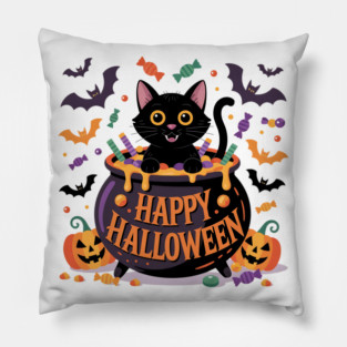 Bright Halloween Black Cat with Candy Cauldron Pillow