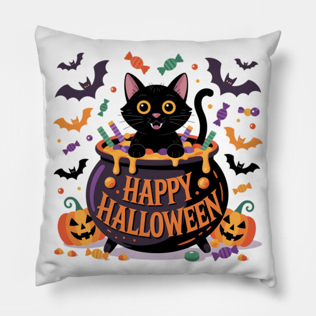 Bright Halloween Black Cat with Candy Cauldron Pillow by BirdsnStuff