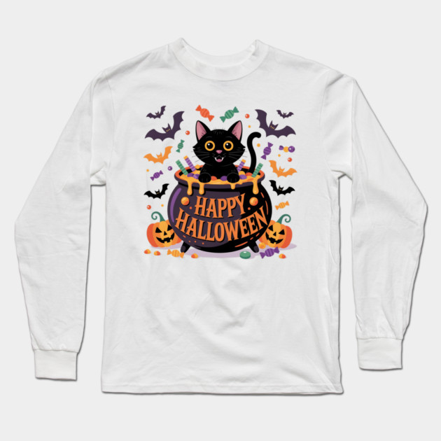 Bright Halloween Black Cat with Candy Cauldron Long Sleeve T-Shirt by BirdsnStuff