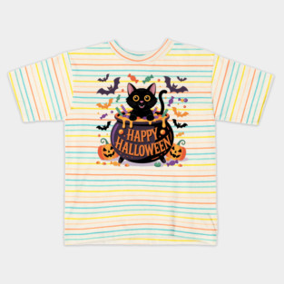 Bright Halloween Black Cat with Candy Cauldron Kids T-Shirt