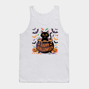 Bright Halloween Black Cat with Candy Cauldron Tank Top