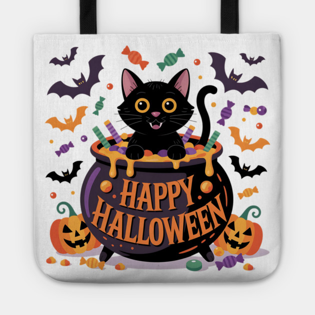 Bright Halloween Black Cat with Candy Cauldron Tote by BirdsnStuff