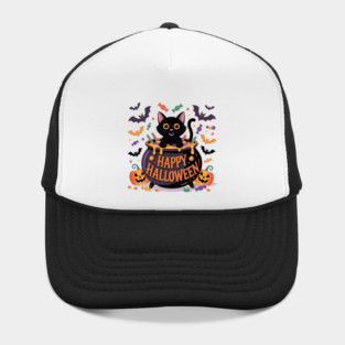 Bright Halloween Black Cat with Candy Cauldron Hat