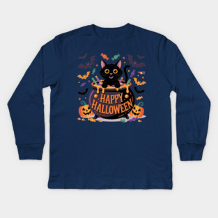 Bright Halloween Black Cat with Candy Cauldron Kids Long Sleeve T-Shirt