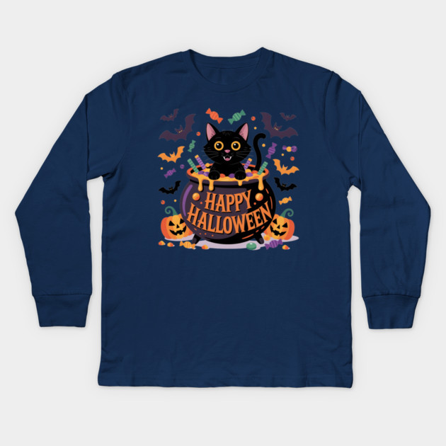 Bright Halloween Black Cat with Candy Cauldron Kids Long Sleeve T-Shirt by BirdsnStuff