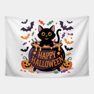 Bright Halloween Black Cat with Candy Cauldron Tapestry