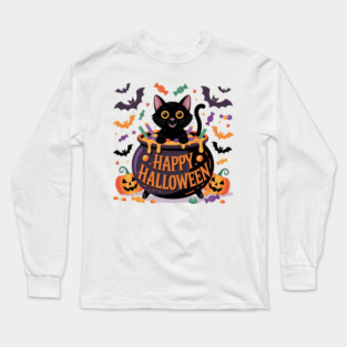 Bright Halloween Black Cat with Candy Cauldron Long Sleeve T-Shirt