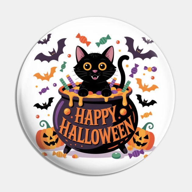 Bright Halloween Black Cat with Candy Cauldron Pin by BirdsnStuff