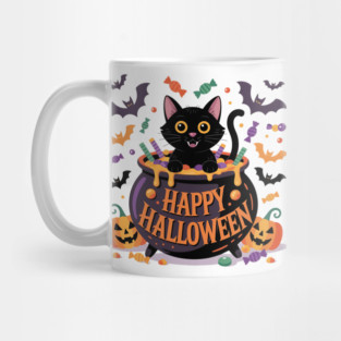 Bright Halloween Black Cat with Candy Cauldron Mug