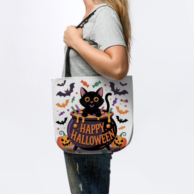 Bright Halloween Black Cat with Candy Cauldron by BirdsnStuff