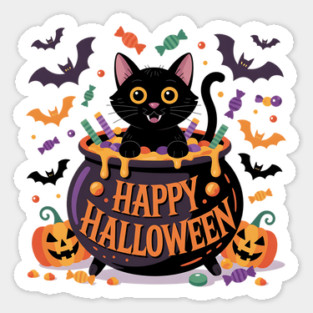 Bright Halloween Black Cat with Candy Cauldron Magnet