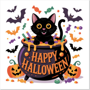 Bright Halloween Black Cat with Candy Cauldron Posters and Art