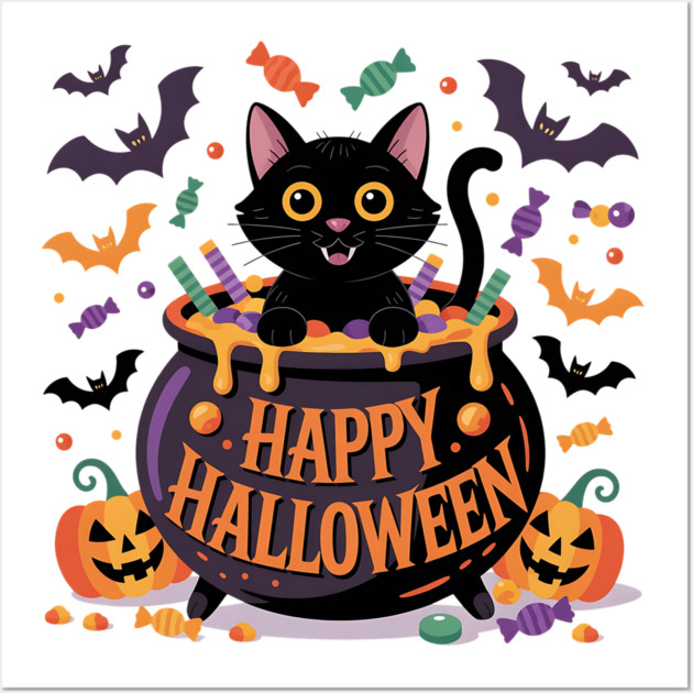 Bright Halloween Black Cat with Candy Cauldron Wall Art by BirdsnStuff