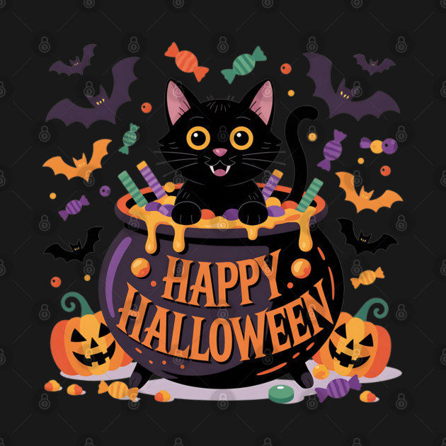 Bright Halloween Black Cat with Candy Cauldron by BirdsnStuff