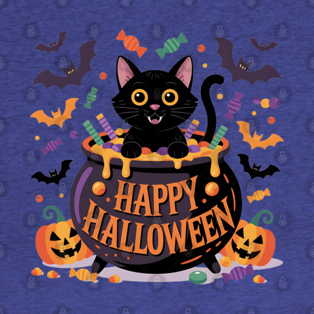 Bright Halloween Black Cat with Candy Cauldron by BirdsnStuff