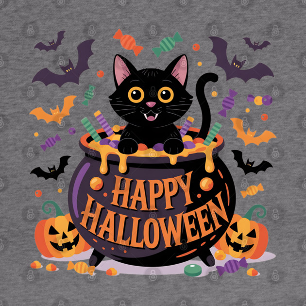 Bright Halloween Black Cat with Candy Cauldron by BirdsnStuff