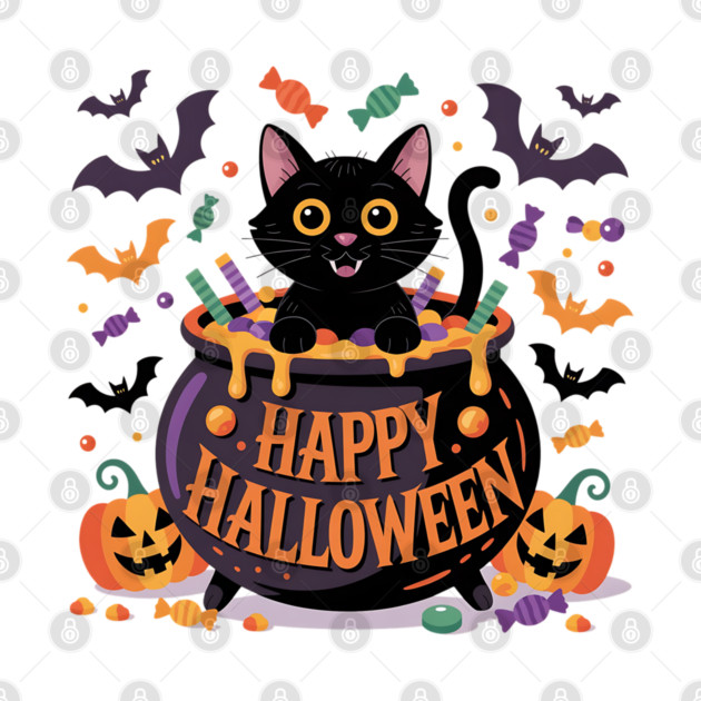 Bright Halloween Black Cat with Candy Cauldron by BirdsnStuff