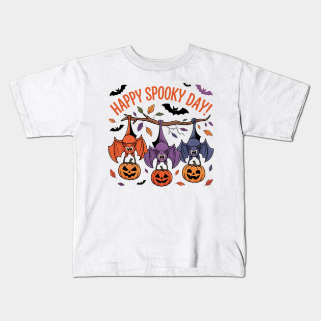 Playful Halloween Bats Hanging with Pumpkins Kids T-Shirt by BirdsnStuff