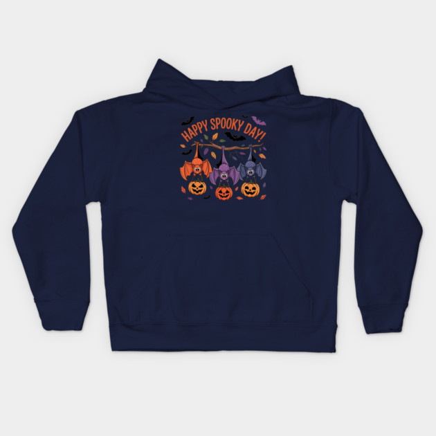 Playful Halloween Bats Hanging with Pumpkins Kids Hoodie by BirdsnStuff