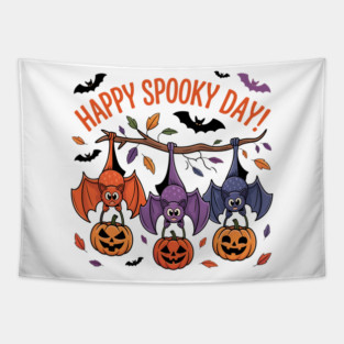 Playful Halloween Bats Hanging with Pumpkins Tapestry