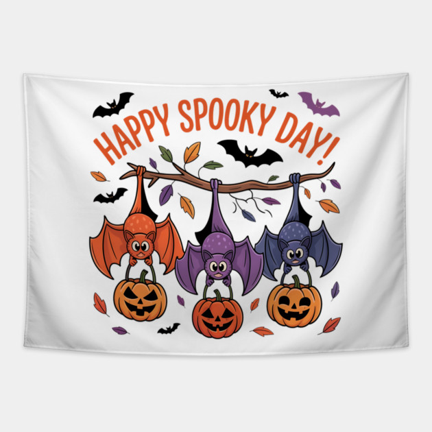 Playful Halloween Bats Hanging with Pumpkins Tapestry by BirdsnStuff