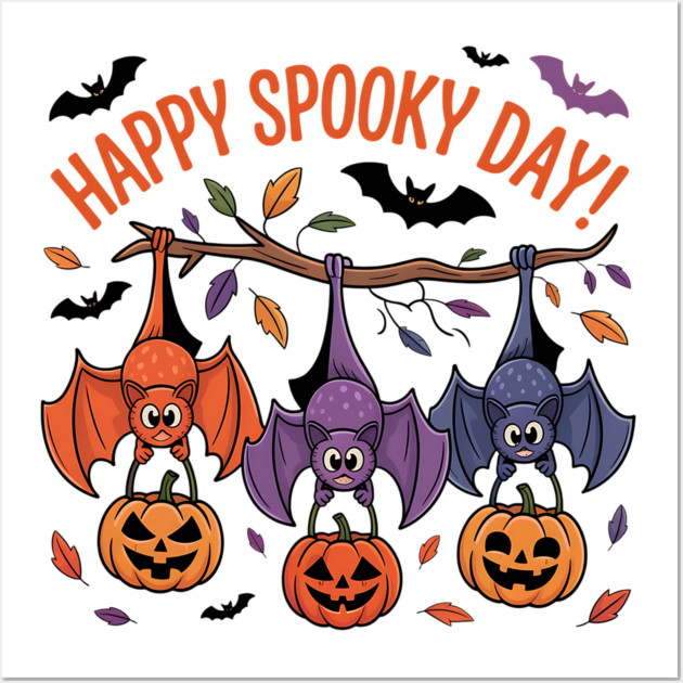 Playful Halloween Bats Hanging with Pumpkins Wall Art by BirdsnStuff