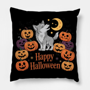 Cute Howling Wolf Pup with Halloween Pumpkins Pillow