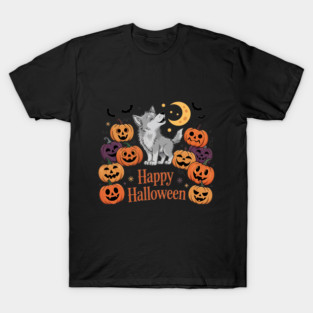 Cute Howling Wolf Pup with Halloween Pumpkins T-Shirt