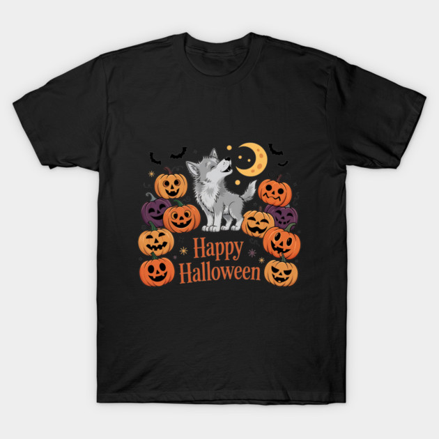 Cute Howling Wolf Pup with Halloween Pumpkins T-Shirt by BirdsnStuff