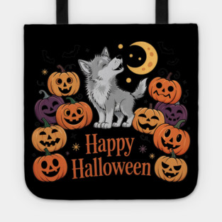 Cute Howling Wolf Pup with Halloween Pumpkins Tote