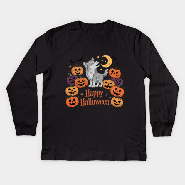 Cute Howling Wolf Pup with Halloween Pumpkins Kids Long Sleeve T-Shirt by BirdsnStuff