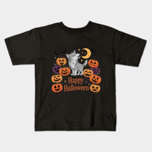 Cute Howling Wolf Pup with Halloween Pumpkins Kids T-Shirt