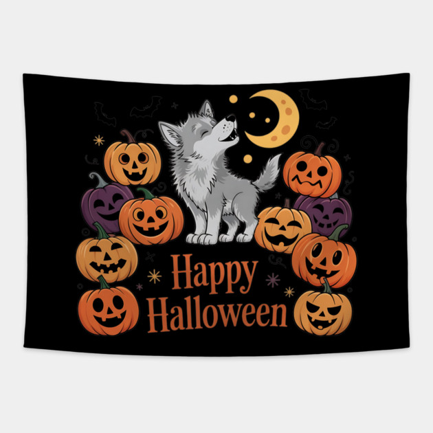 Cute Howling Wolf Pup with Halloween Pumpkins Tapestry by BirdsnStuff