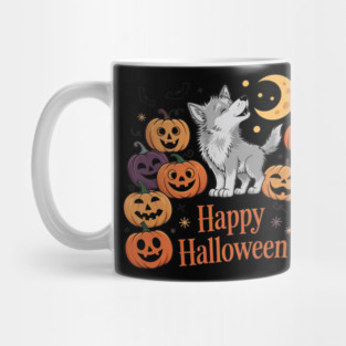 Cute Howling Wolf Pup with Halloween Pumpkins Mug