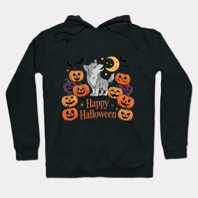 Cute Howling Wolf Pup with Halloween Pumpkins Hoodie by BirdsnStuff