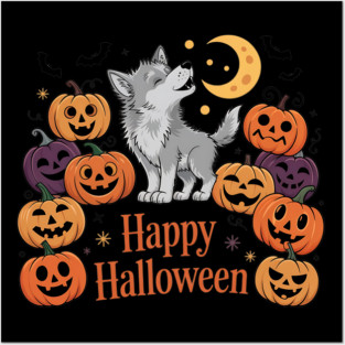Cute Howling Wolf Pup with Halloween Pumpkins Posters and Art