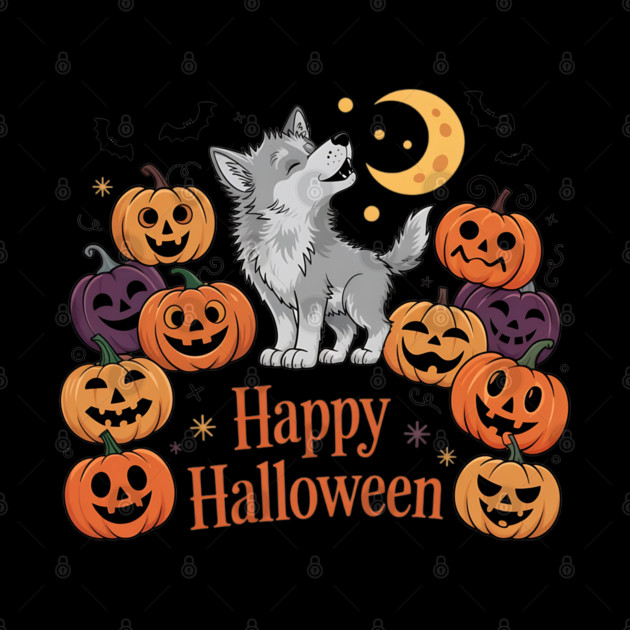 Cute Howling Wolf Pup with Halloween Pumpkins by BirdsnStuff