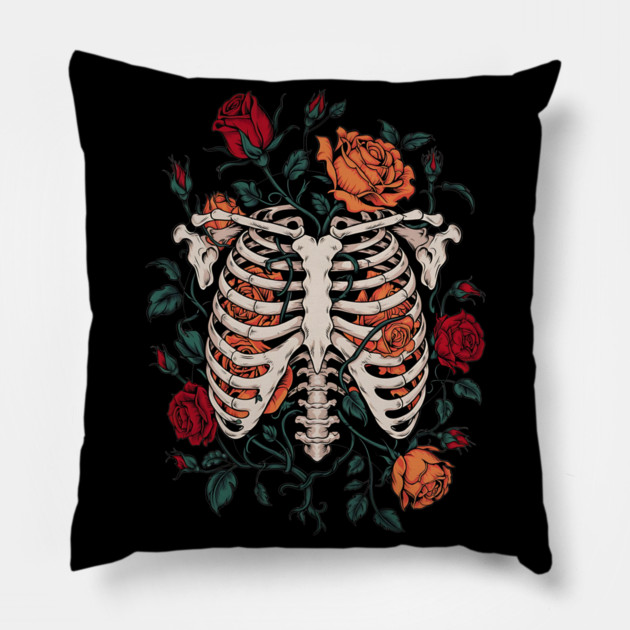 Dark Gothic Ribcage with Roses and Botanical Bones Pillow by BirdsnStuff