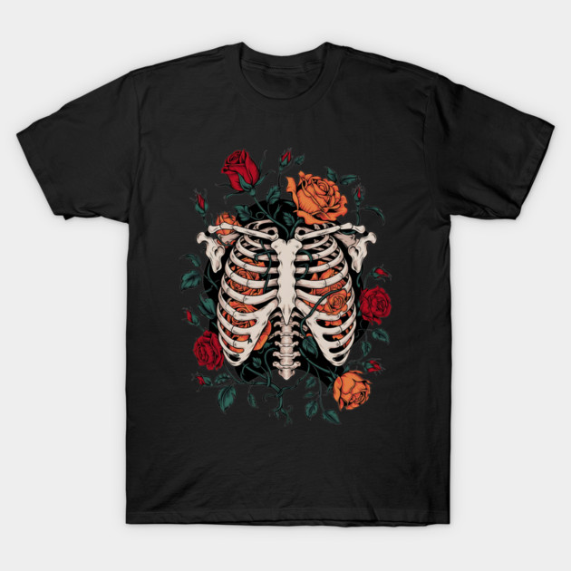 Dark Gothic Ribcage with Roses and Botanical Bones T-Shirt by BirdsnStuff