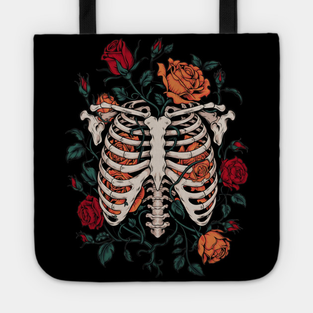 Dark Gothic Ribcage with Roses and Botanical Bones Tote by BirdsnStuff