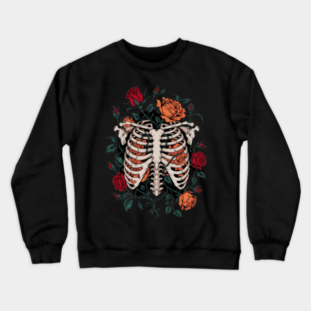 Dark Gothic Ribcage with Roses and Botanical Bones Crewneck Sweatshirt by BirdsnStuff