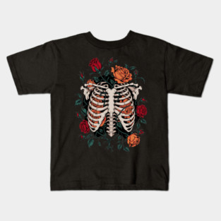 Dark Gothic Ribcage with Roses and Botanical Bones Kids T-Shirt