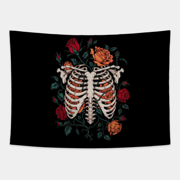 Dark Gothic Ribcage with Roses and Botanical Bones Tapestry by BirdsnStuff