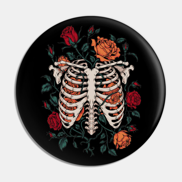 Dark Gothic Ribcage with Roses and Botanical Bones Pin by BirdsnStuff